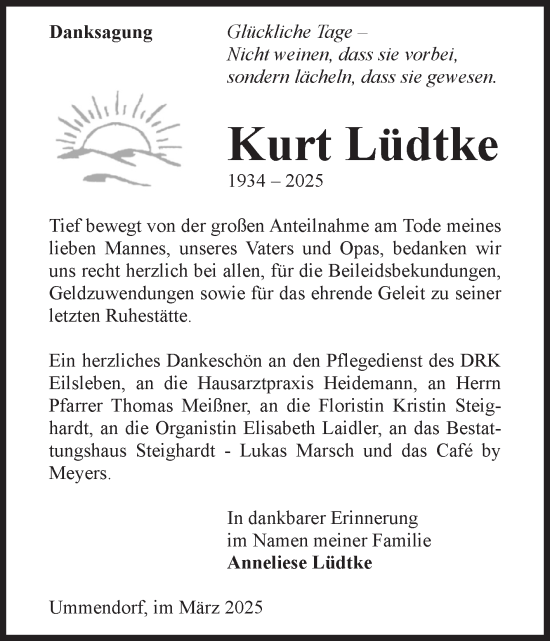 Traueranzeige von Kurt Lüdtke von Volksstimme Oschersleben/Wanzleben
