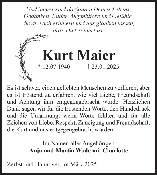 Traueranzeige von Kurt Maier von Volksstimme Zerbst