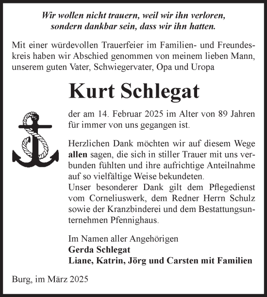 Traueranzeige von Kurt Schlegat von Volksstimme Burg/Genthin