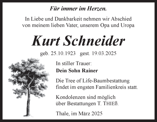 Traueranzeige von Kurt Schneider von Trauerkombi Quedlinburg