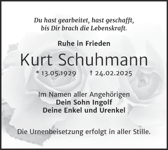 Traueranzeige von Kurt Schuhmann von Mitteldeutsche Zeitung Mansfelder Land