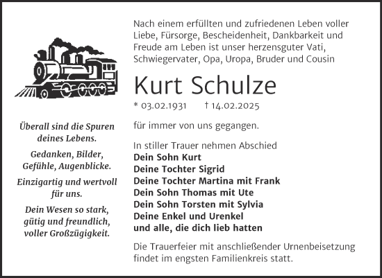 Traueranzeige von Kurt Schulze von Trauerkombi Wittenberg
