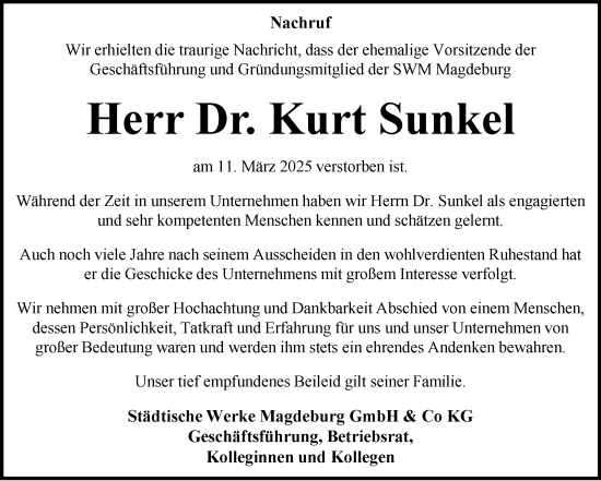 Traueranzeige von Kurt Sunkel von Volksstimme Magdeburg