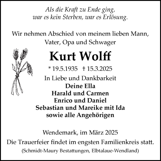 Traueranzeige von Kurt Wolff von Volksstimme Altmark Ost