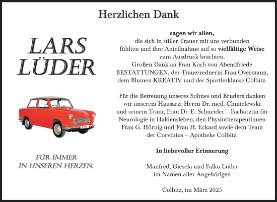 Traueranzeige von Lars Lüder von Volksstimme Haldensleben/Wolmirstedt