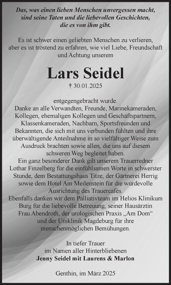Traueranzeige von Lars Seidel von Volksstimme Burg/Genthin