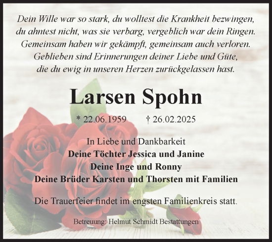 Traueranzeige von Larsen Spohn von Volksstimme Schönebeck