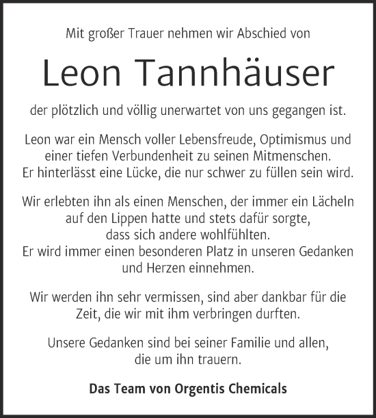 Traueranzeige von Leon Tannhäuser von Super Sonntag Aschersleben