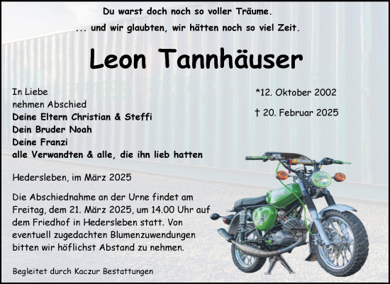 Traueranzeige von Leon Tannhäuser von Trauerkombi Aschersleben