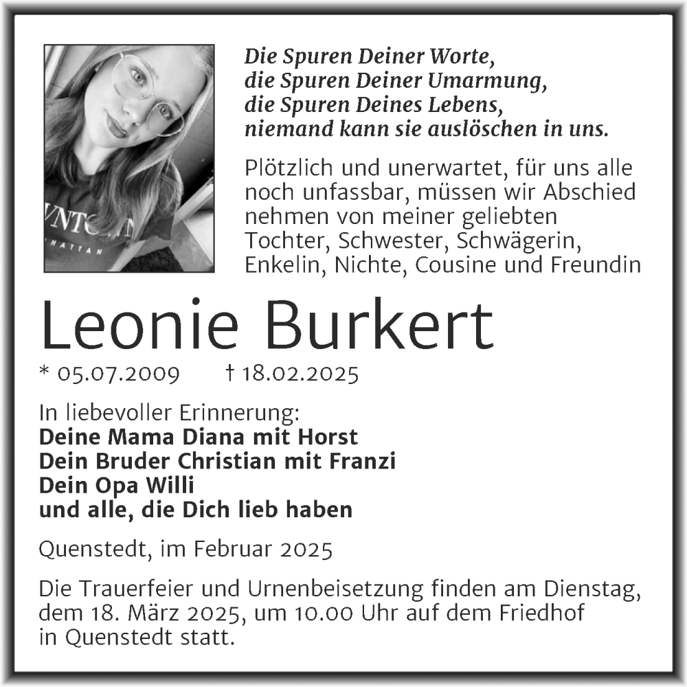  Traueranzeige für Leonie Burkert vom 07.03.2025 aus Trauerkombi Mansfelder Land