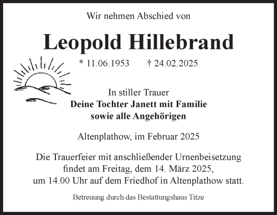 Traueranzeige von Leopold Hillebrand von Volksstimme Burg/Genthin