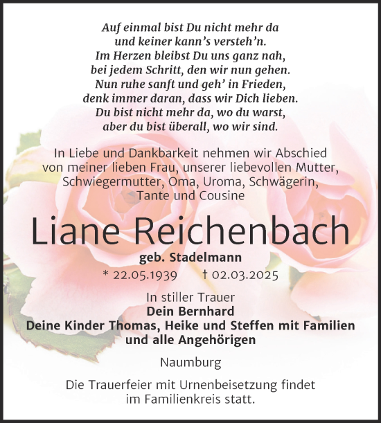 Traueranzeige von Liane Reichenbach von Super Sonntag Naumburg/Nebra