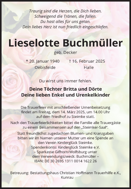 Traueranzeige von Lieselotte Buchmüller von Volksstimme Altmark West
