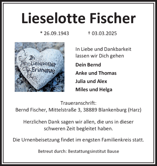 Traueranzeige von Lieselotte Fischer von Volksstimme Wernigerode