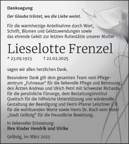 Traueranzeige von Lieselotte Frenzel von Trauerkombi Köthen