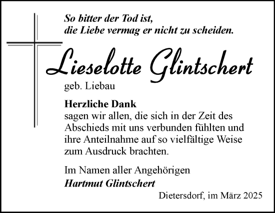Traueranzeige von Lieselotte Glintschert von Trauerkombi Sangerhausen