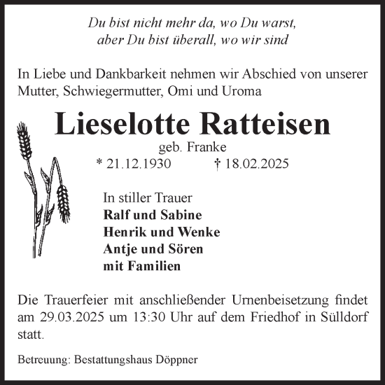 Traueranzeige von Lieselotte Ratteisen von Volksstimme Oschersleben/Wanzleben