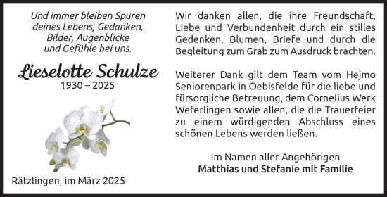 Traueranzeige von Lieselotte Schulze von Volksstimme Altmark West
