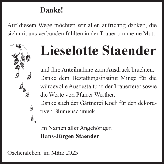 Traueranzeige von Lieselotte Staender von Volksstimme Oschersleben/Wanzleben