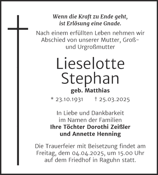 Traueranzeige von Lieselotte Stephan von Mitteldeutsche Zeitung Bitterfeld