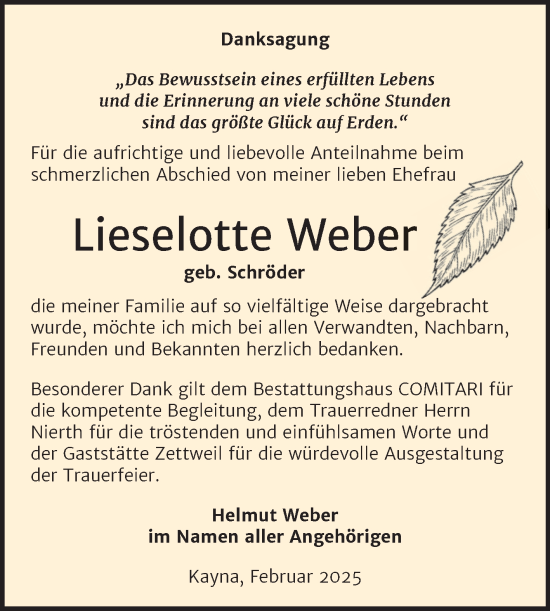 Traueranzeige von Lieselotte Weber von Trauerkombi Zeitz