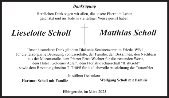 Traueranzeige von Lieselotte und Matthias Scholl von Volksstimme Wernigerode