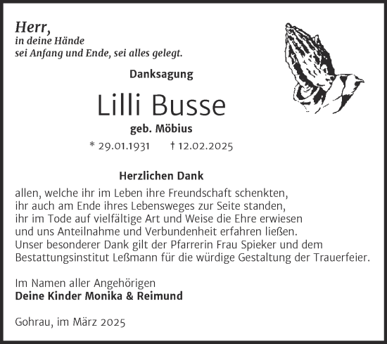 Traueranzeige von Lilli Busse von Trauerkombi Wittenberg