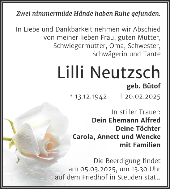 Traueranzeige von Lilli Neutzsch von Mitteldeutsche Zeitung Halle/Saalkreis