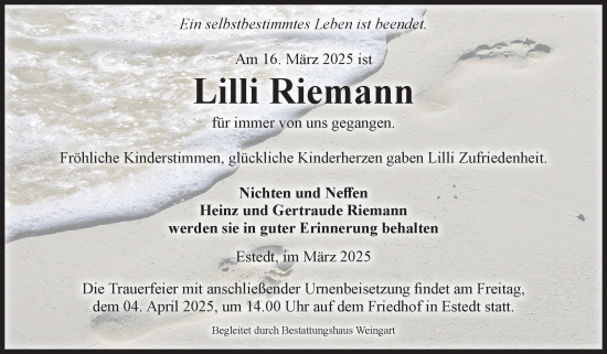 Traueranzeige von Lilli Riemann von Volksstimme Altmark West