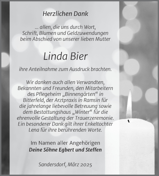 Traueranzeige von Linda Bier von Trauerkombi Bitterfeld