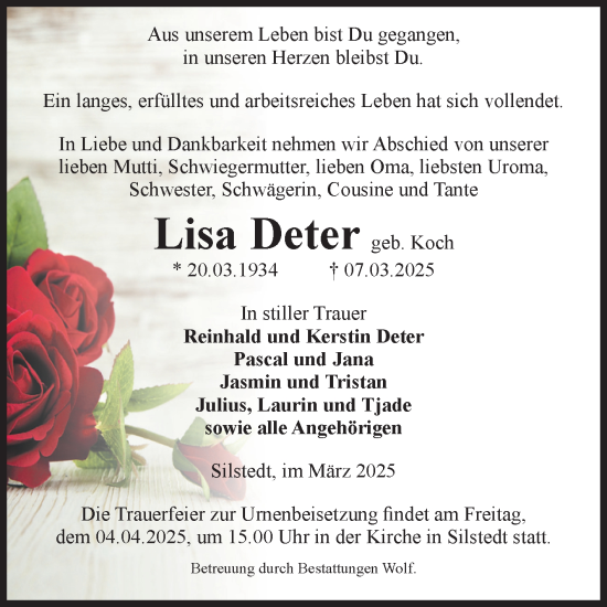 Traueranzeige von Lisa Deter von Volksstimme Wernigerode