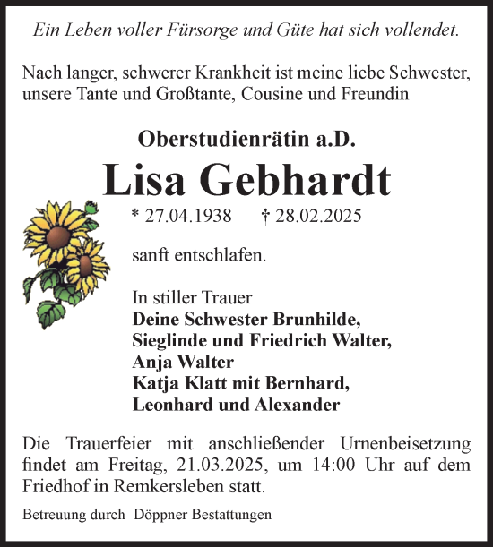 Traueranzeige von Lisa Gebhardt von Volksstimme Oschersleben/Wanzleben