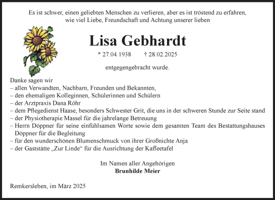 Traueranzeige von Lisa Gebhardt von Volksstimme Oschersleben/Wanzleben