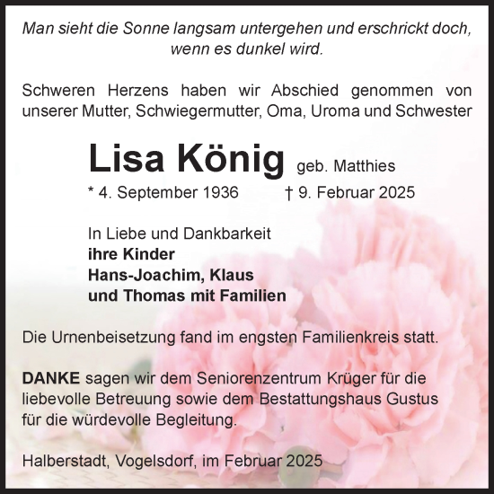 Traueranzeige von Lisa König von Volksstimme Halberstadt