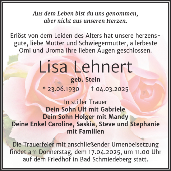 Traueranzeige von Lisa Lehnert von Trauerkombi Wittenberg