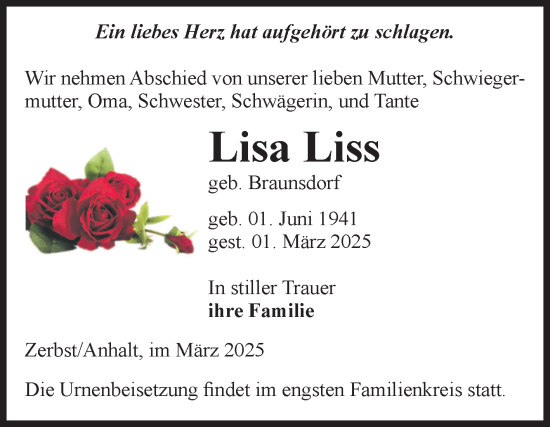 Traueranzeige von Lisa Liss von Volksstimme Zerbst