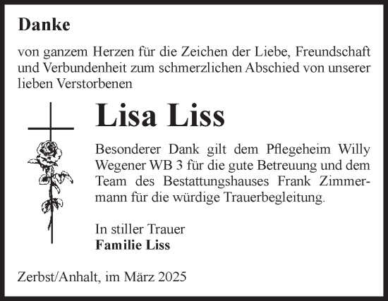 Traueranzeige von Lisa Liss von Volksstimme Zerbst