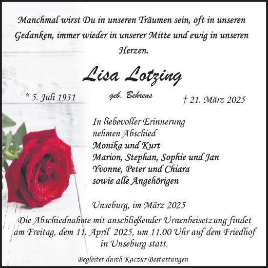 Traueranzeige von Lisa Lotzing von Volksstimme Staßfurt