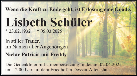 Traueranzeige von Lisbeth Schüler von Trauerkombi Dessau