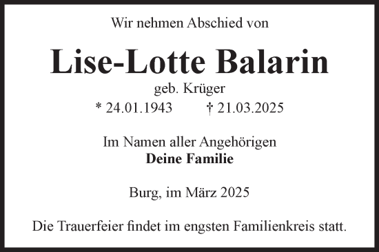 Traueranzeige von Lise-Lotte Balarin von Volksstimme Burg/Genthin
