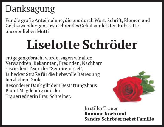 Traueranzeige von Liselotte Schröder von Volksstimme Magdeburg