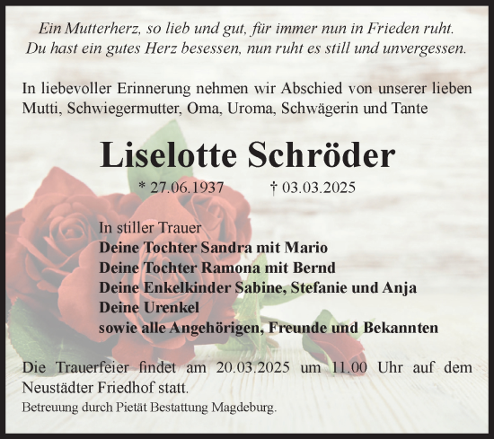 Traueranzeige von Liselotte Schröder von Volksstimme Magdeburg