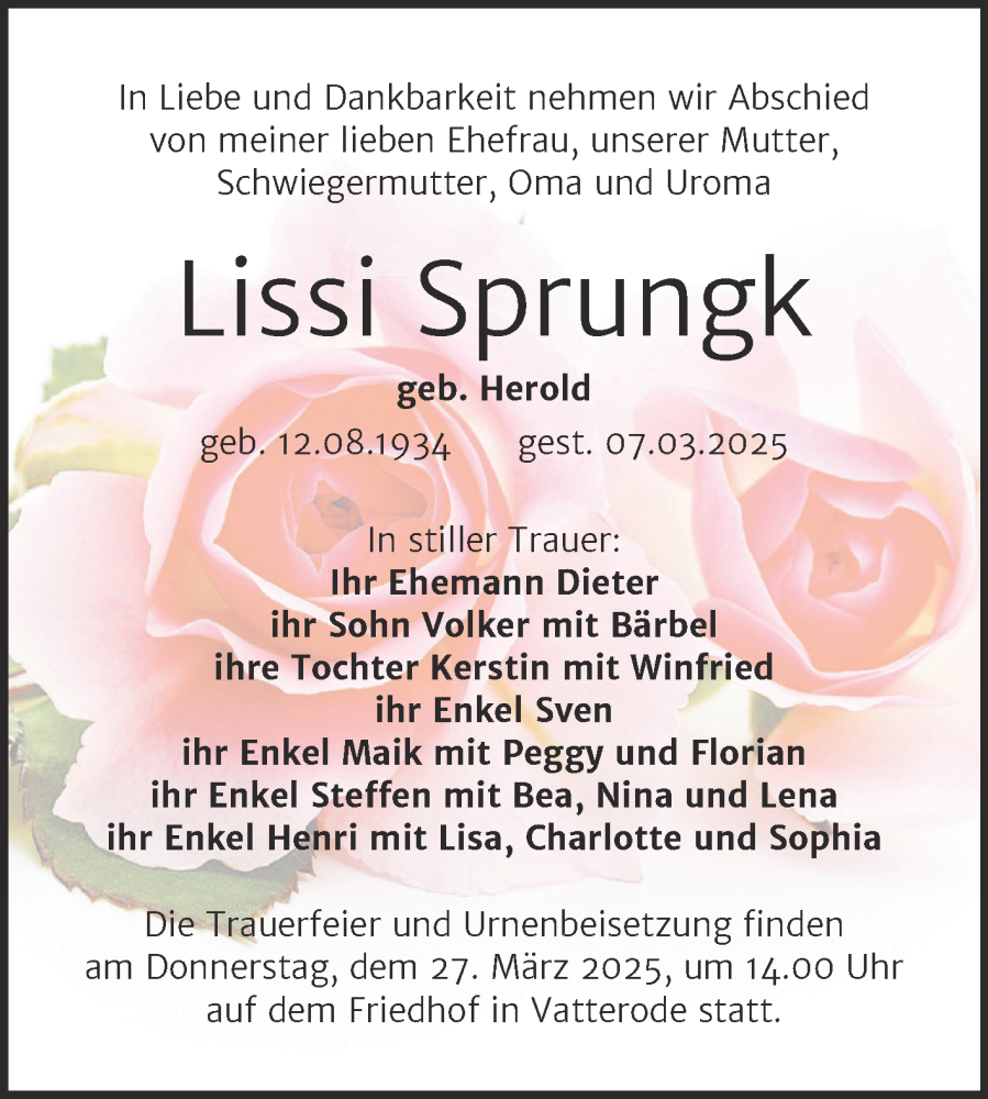  Traueranzeige für Lissi Sprungk vom 14.03.2025 aus Trauerkombi Mansfelder Land