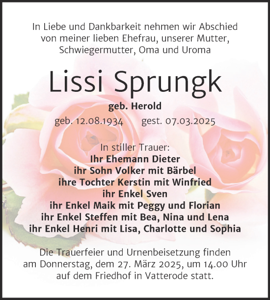 Traueranzeige von Lissi Sprungk von Trauerkombi Mansfelder Land