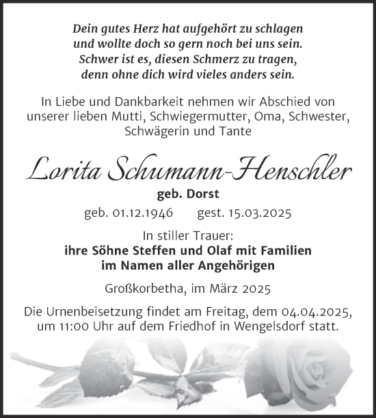Traueranzeige von Lorita Schumann-Henschler von Trauerkombi Weißenfels