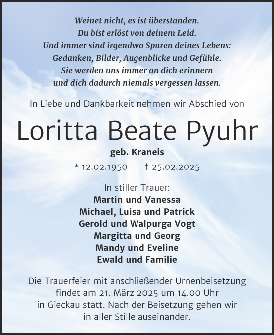 Traueranzeige von Loritta Beate Pyuhr von Super Sonntag Naumburg/Nebra