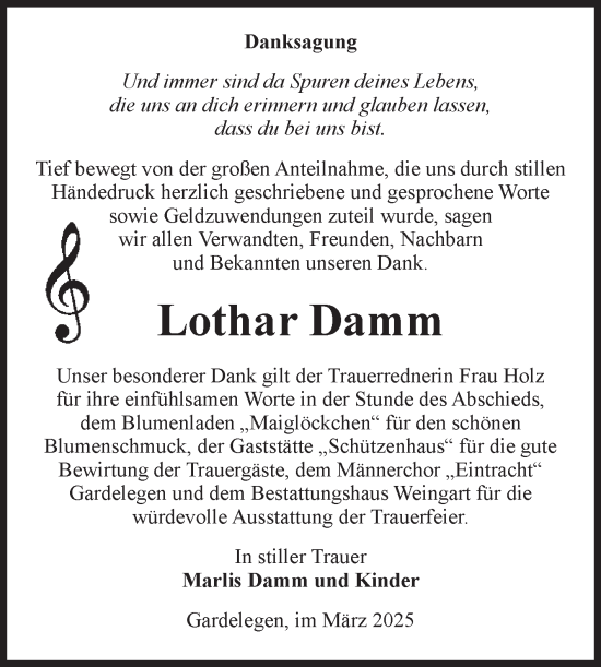Traueranzeige von Lothar Damm von Volksstimme Altmark West