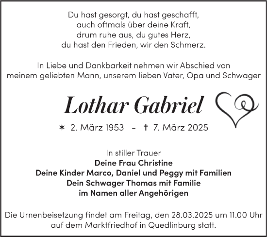 Traueranzeige von Lothar Gabriel von Trauerkombi Quedlinburg