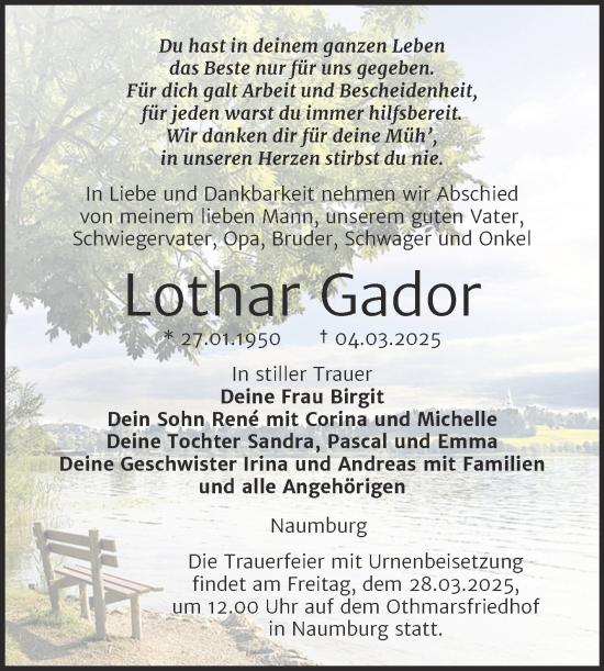 Traueranzeige von Lothar Gador von Super Sonntag Naumburg/Nebra