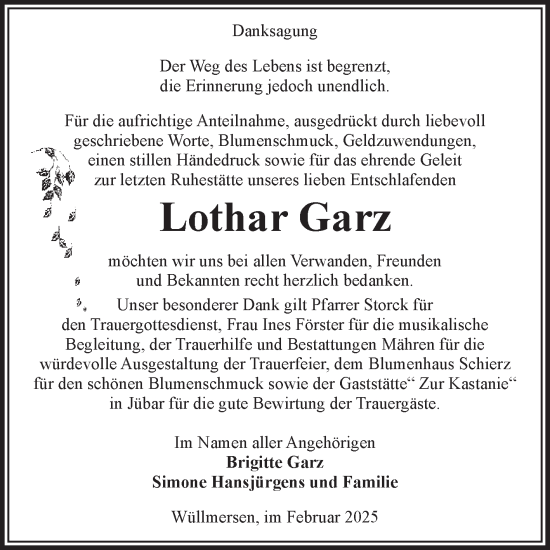 Traueranzeige von Lothar Garz von Volksstimme Altmark West